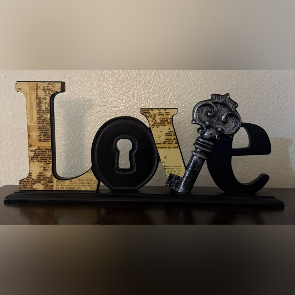 Love Block Tabletop Decor Key Art Sign Black Tan Rustic Home Accent - Picture 2 of 4